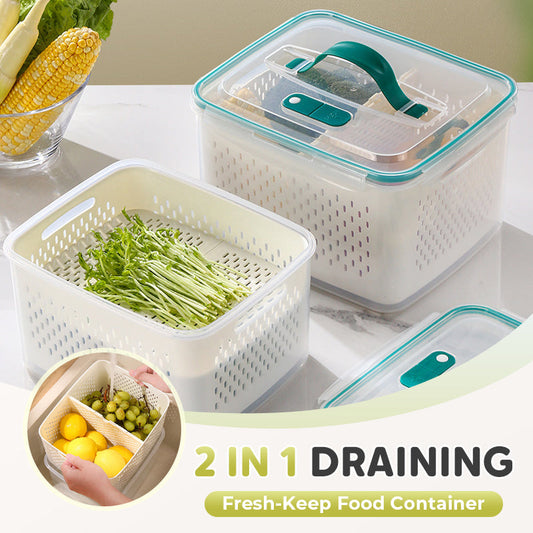 🥗 50% OFF NOW!🧊 2 in 1 Draining Fresh-Keep Food Container – Airtight & Microwave Safe – Fridge Essential 🔒